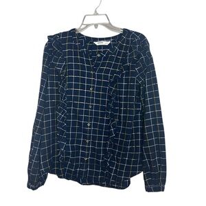 Sonoma Navy Plaid Ruffle Front Blouse Women’s Size M Long Sleeve Button Down
